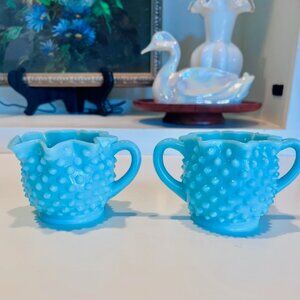 Rare Turquoise Blue Fenton Hobnail Milk Glass Creamer & Sugar Vintage 1950s